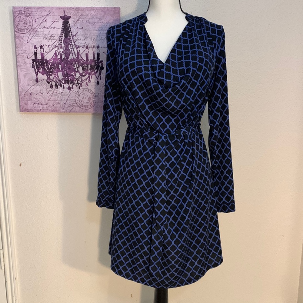 Cowl Neck Black/Blue Cocktail Dress, SIZE M, Knee Length-Adjustable Sleeves